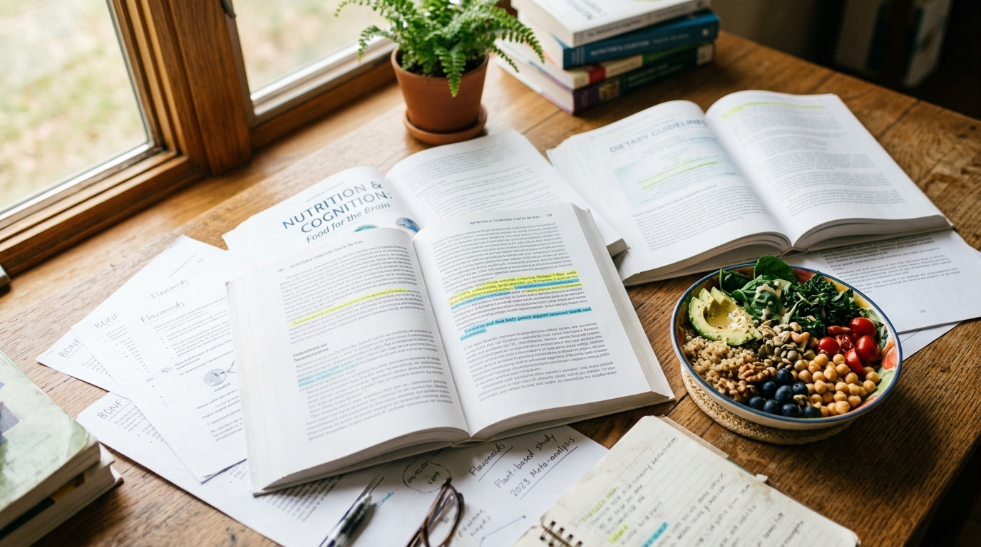 nutrition research materials and plant based meal on desk