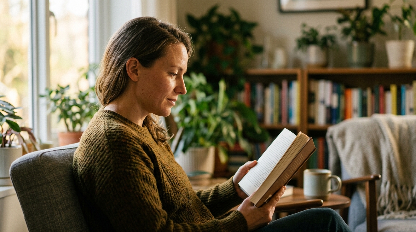 woman reading with focused concentration in natural light