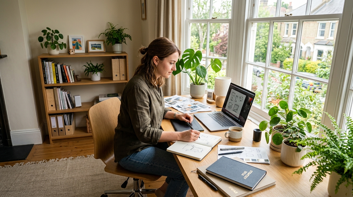 woman working productively at organized desk with plants