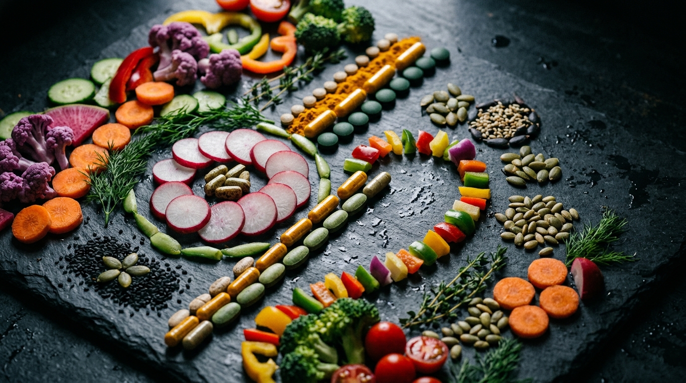 plant foods supplements arranged dramatically