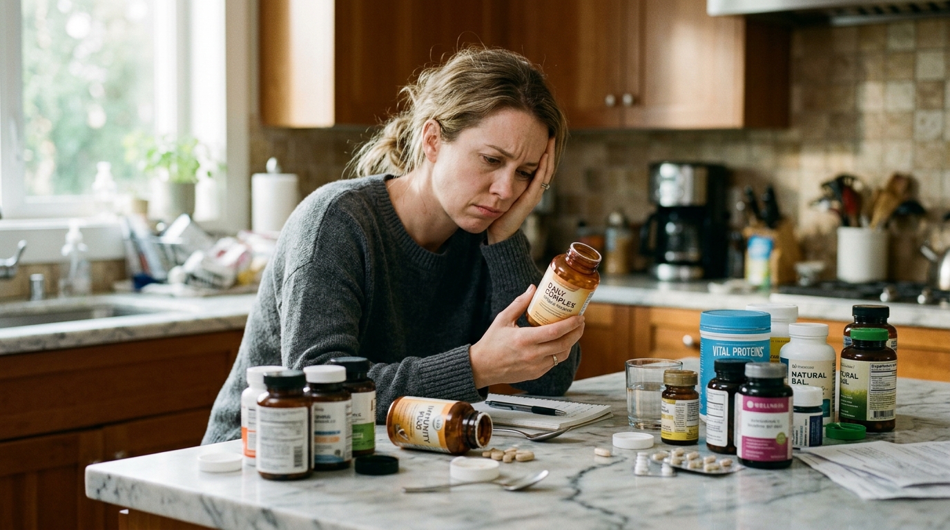 woman examining supplement bottles kitchen counter