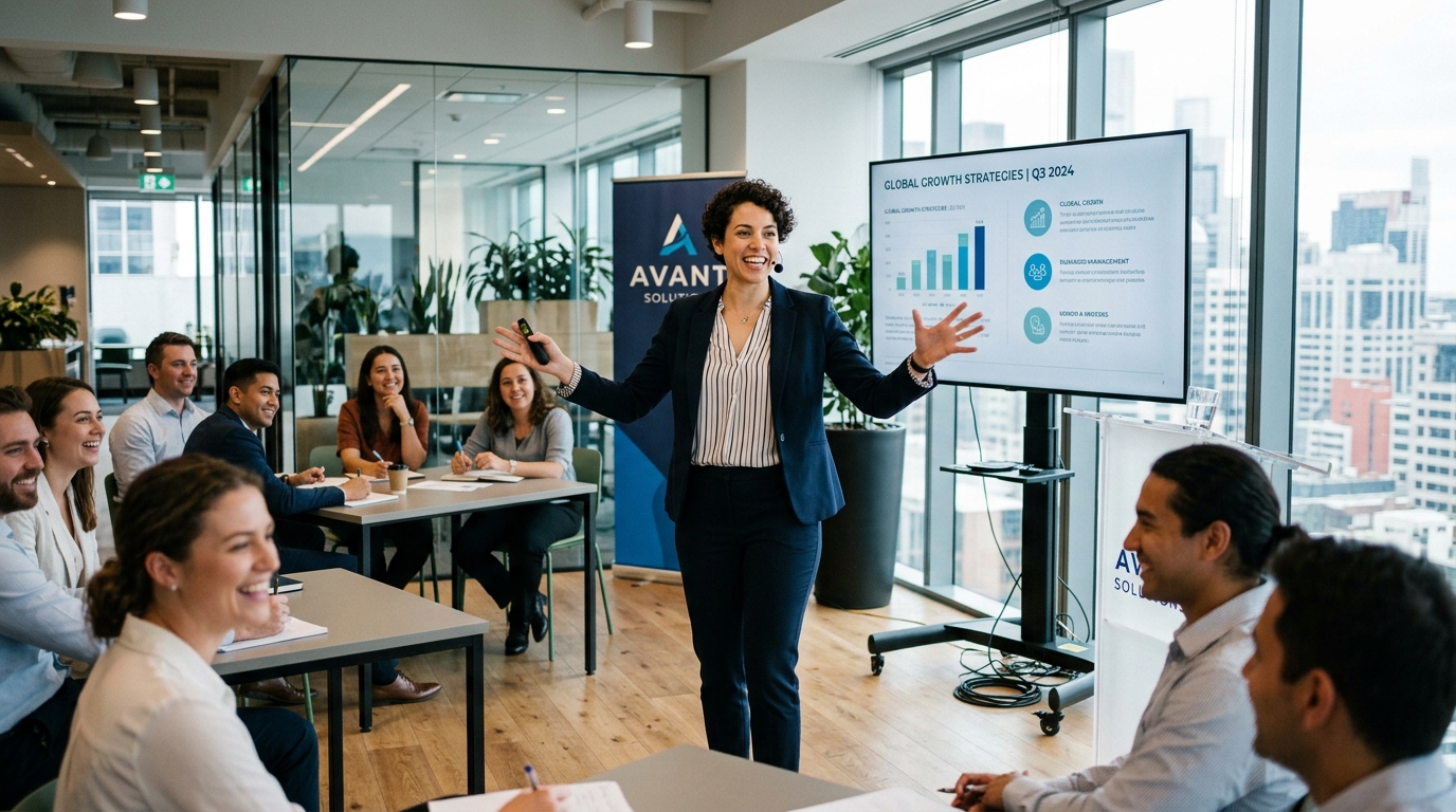 woman leading presentation office meeting