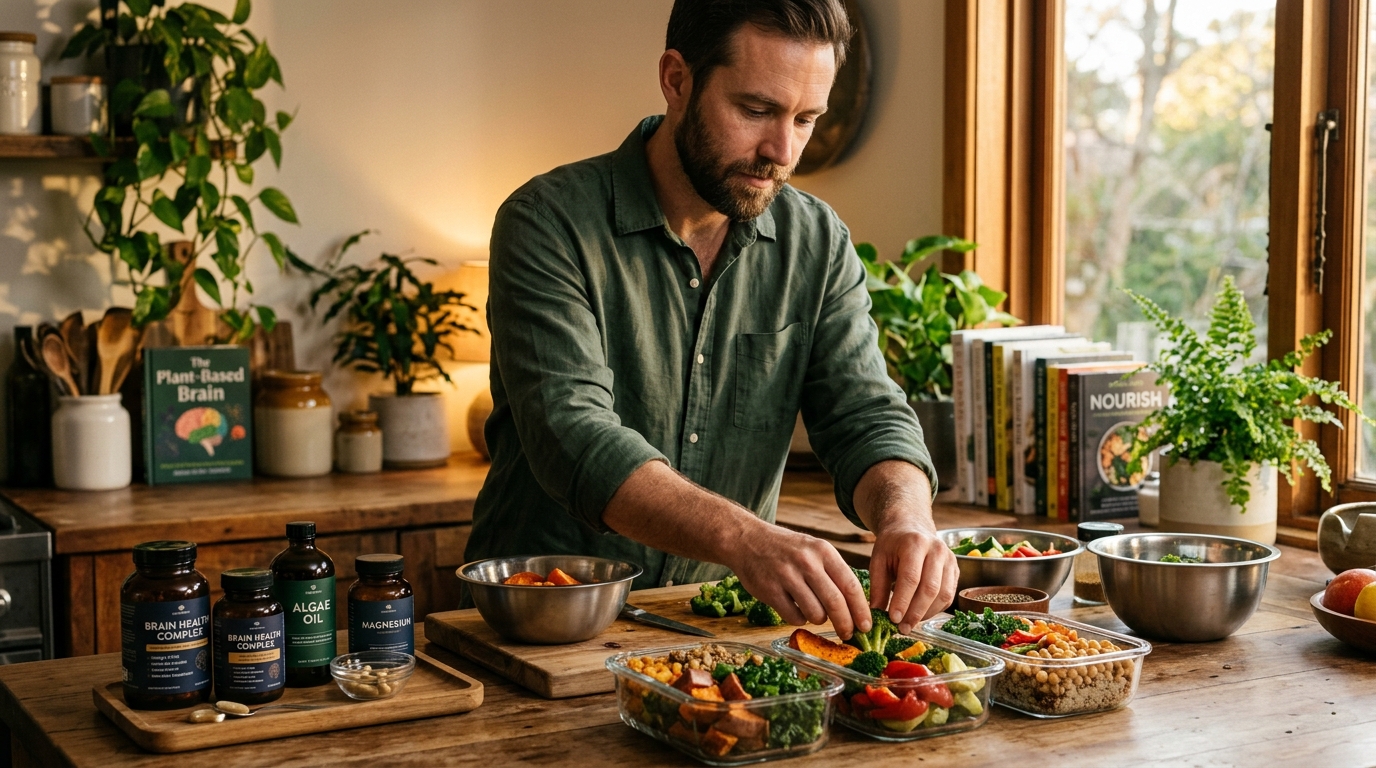 man meal prepping plant foods supplements