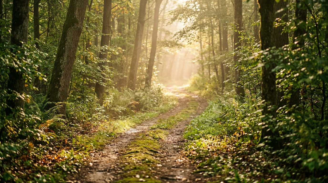 forest path morning mist sunlight