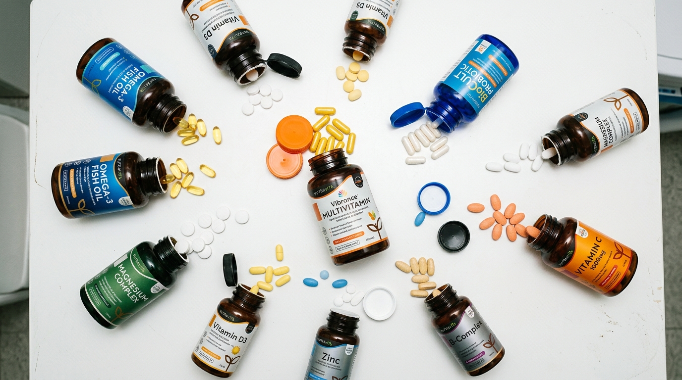 scattered vitamin supplements bottles and pills