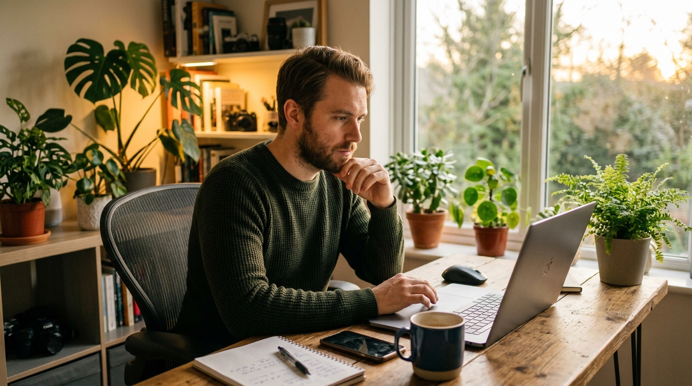 man researching supplements on computer at home