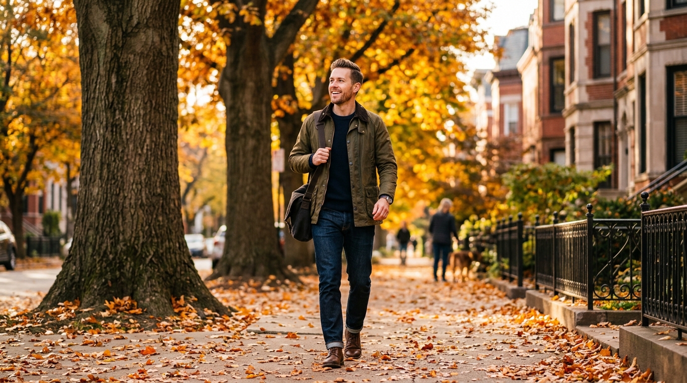 man walking confidently on autumn morning street