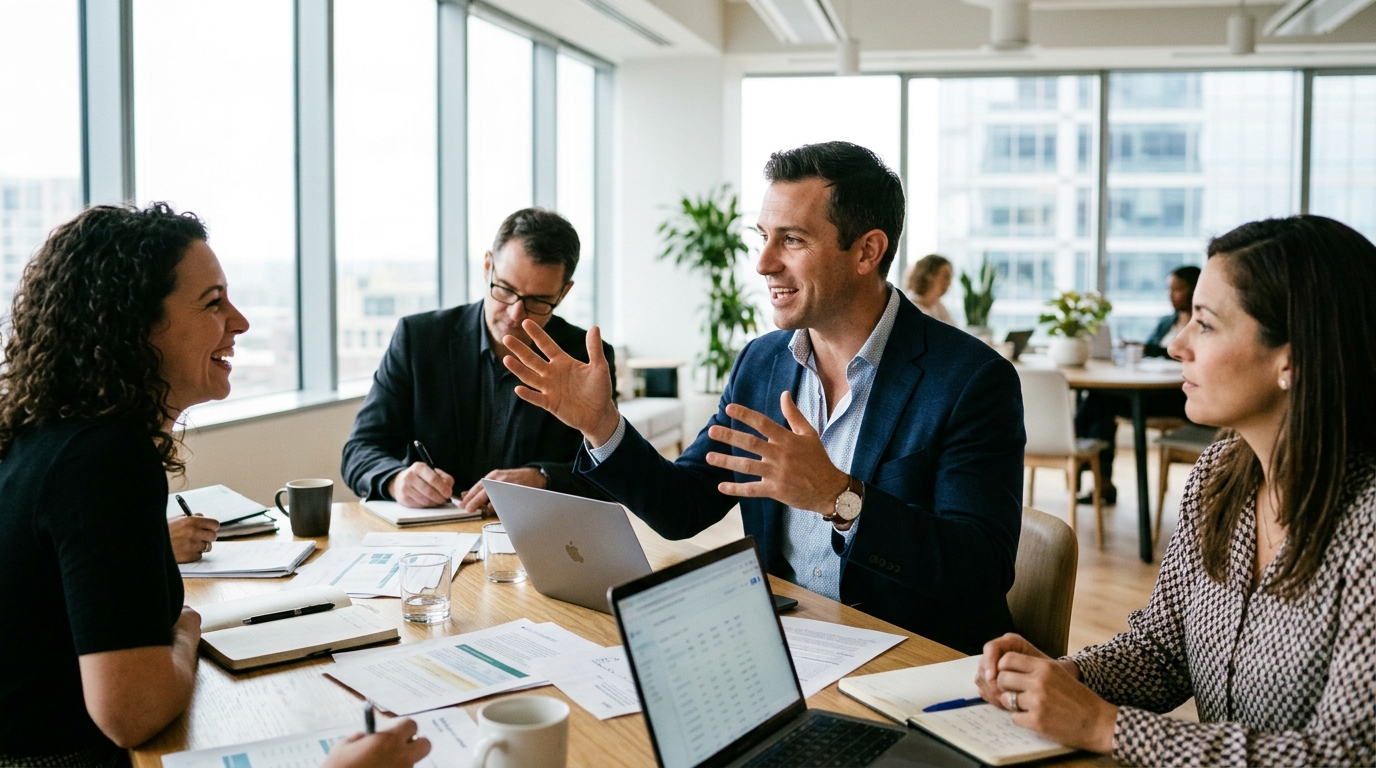 man engaged in confident business meeting discussion