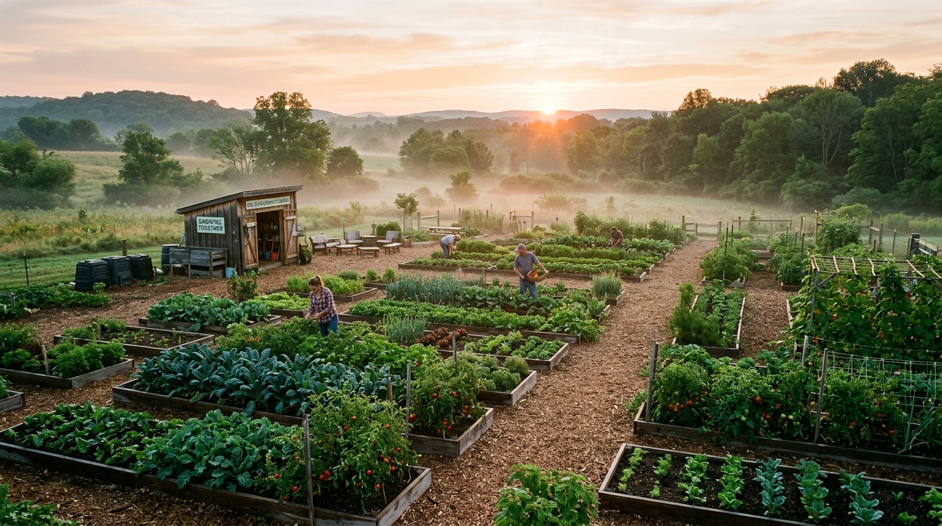 sunrise over organized community garden landscape