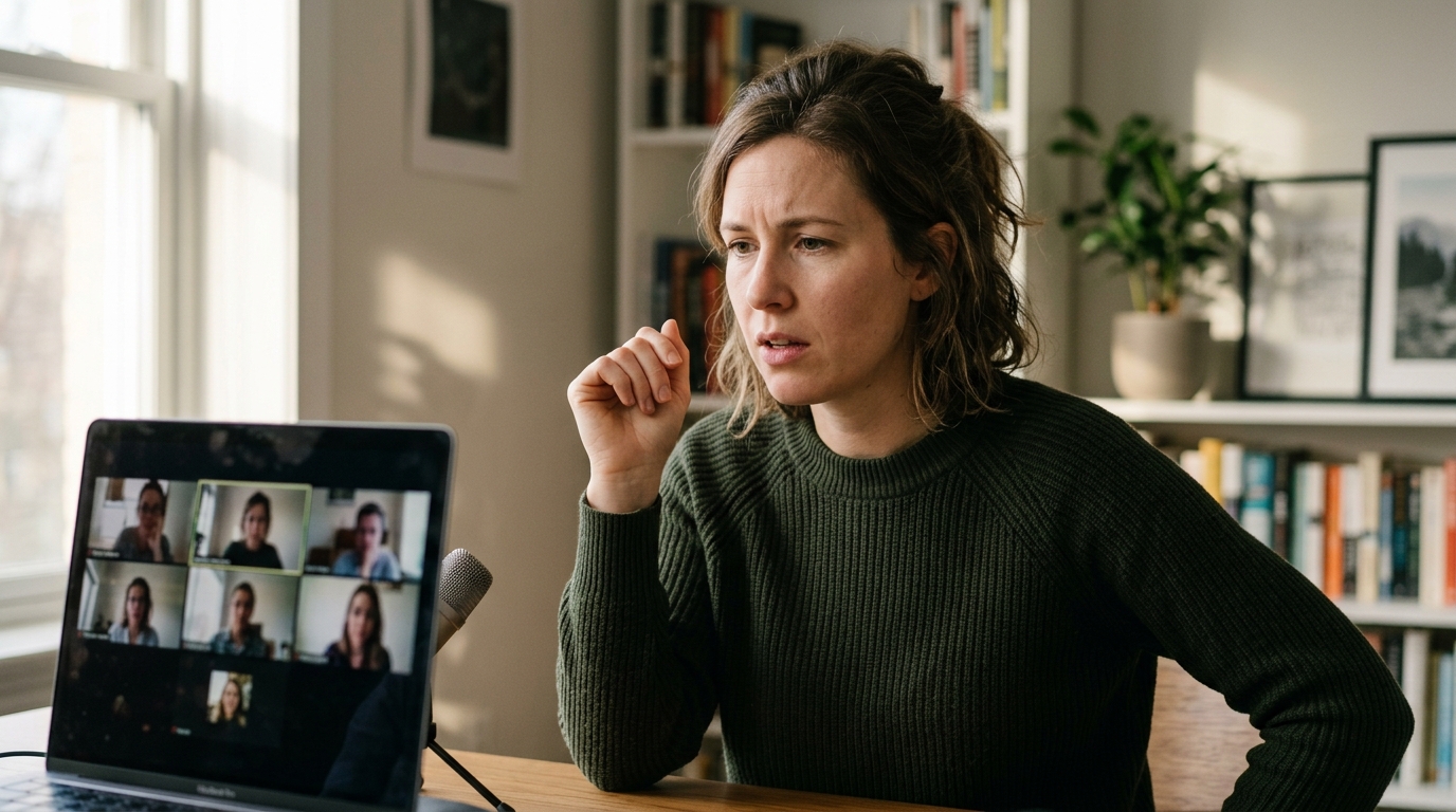 woman pausing thoughtfully during work video call