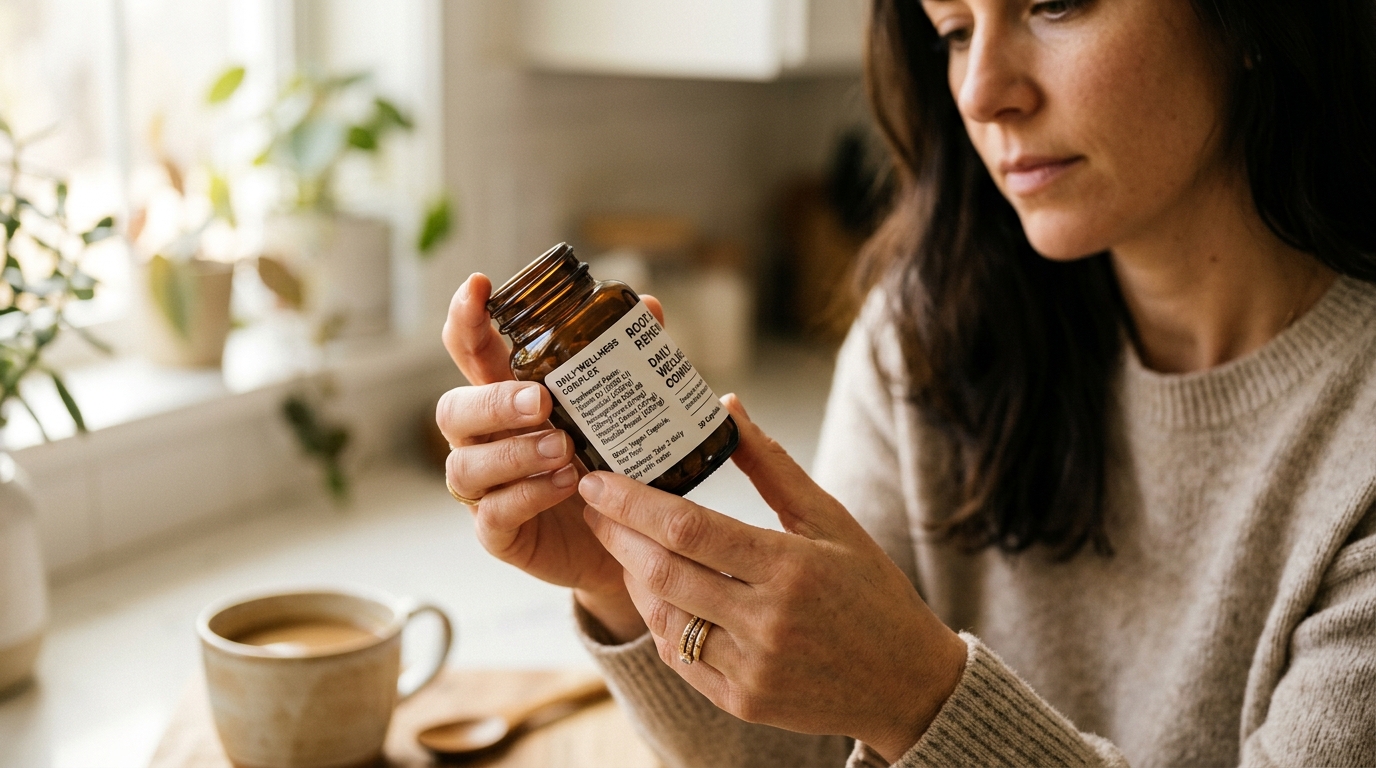 hands examining supplement bottle label thoughtfully