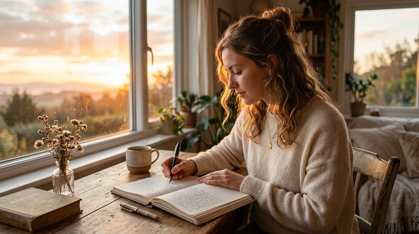 woman writing fluently in journal at sunrise