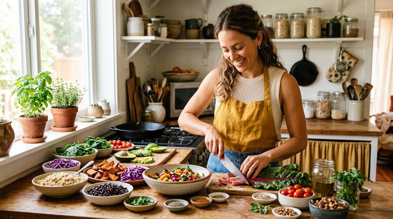 woman confidently preparing vibrant plant based meal