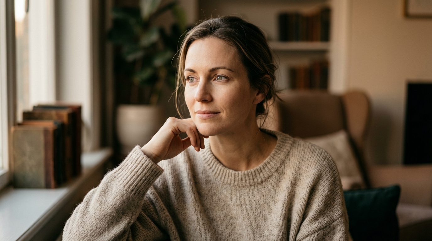 woman with clear contemplative expression in evening light