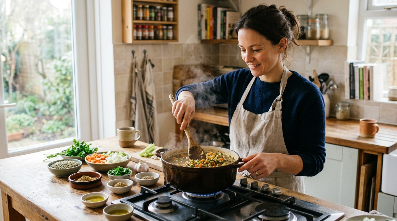 woman cooking lentils with confident mental presence