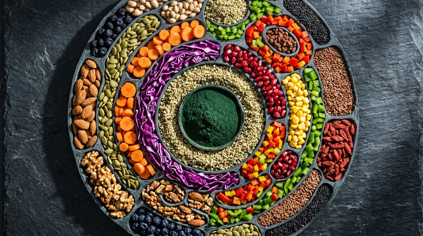 plant foods arranged in cellular patterns on dark surface