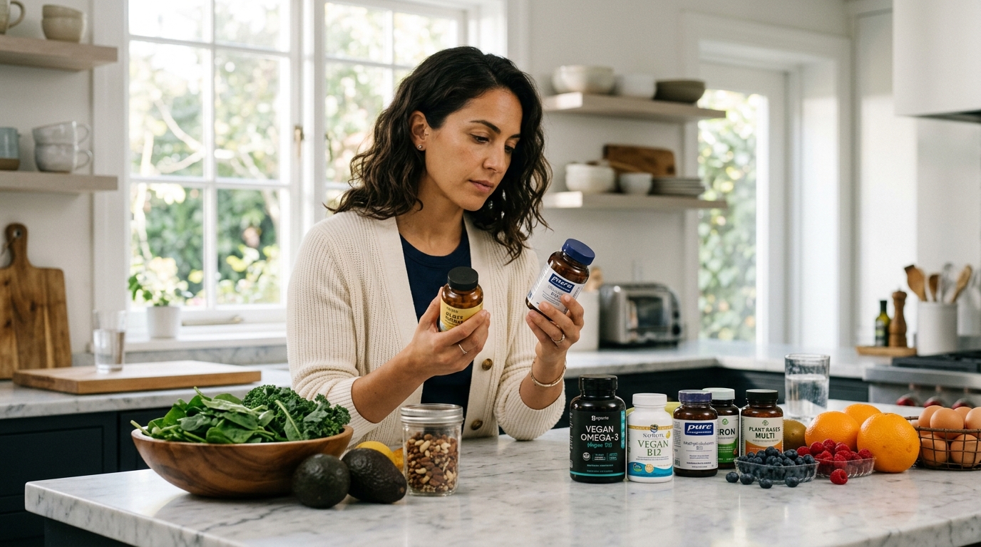 woman reviewing plant based nutrition supplements and whole foods