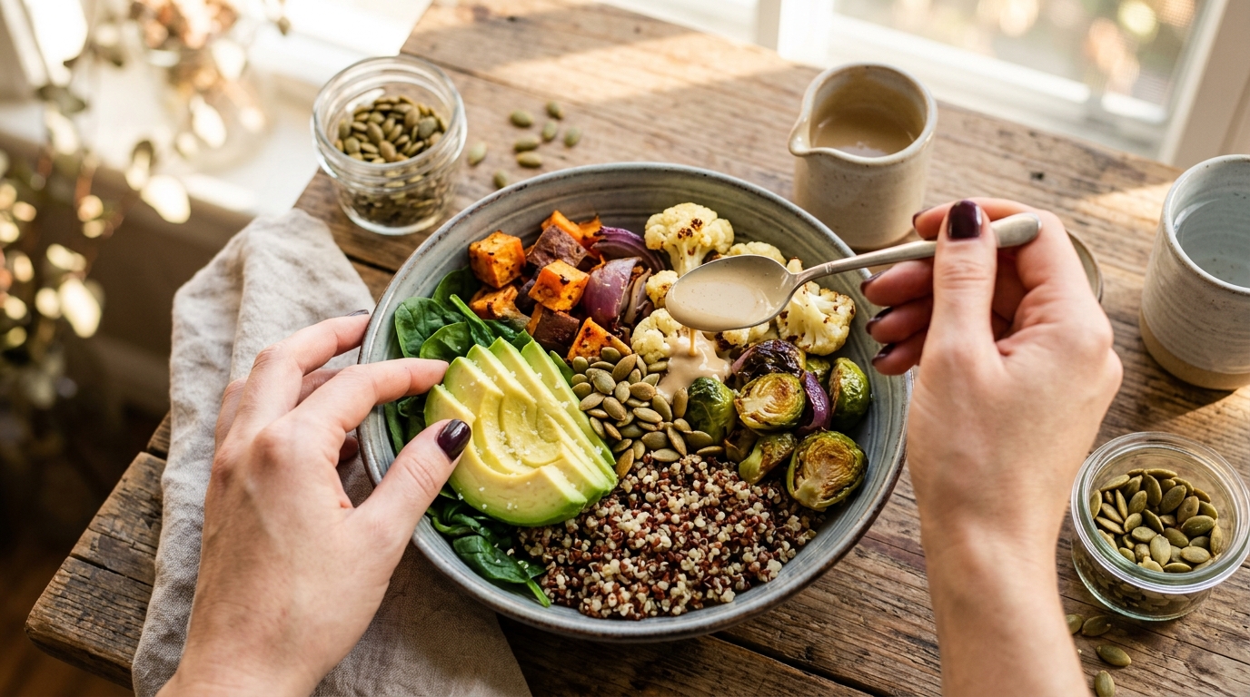hands building nutrient dense plant based bowl with intention