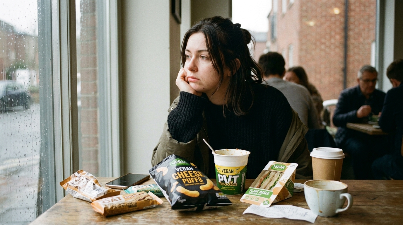 tired woman with processed plant based convenience foods