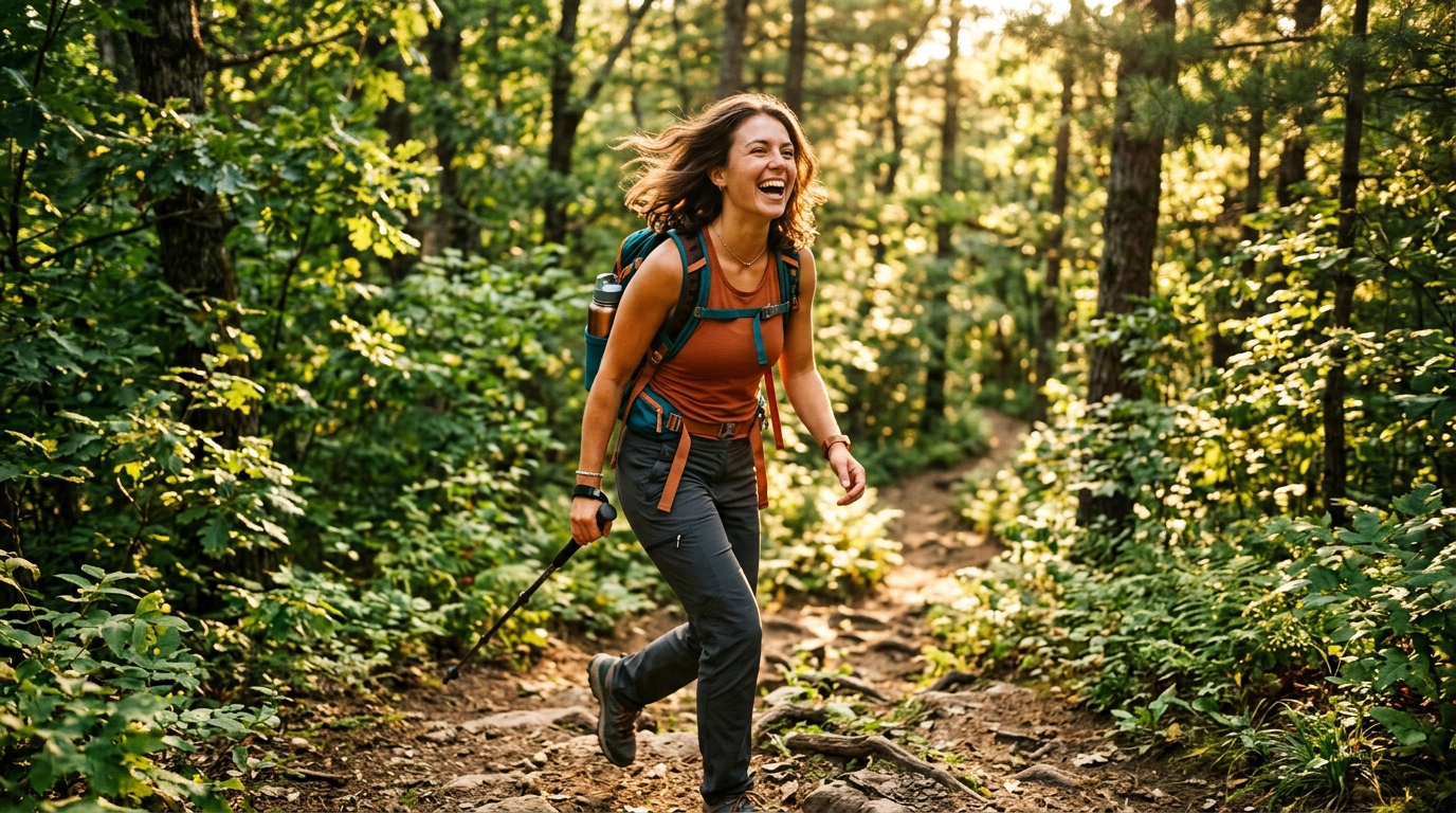 joyful woman hiking with abundant natural energy