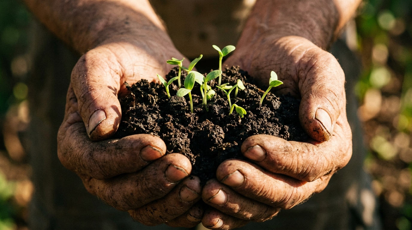hands holding soil with new green sprouts growing