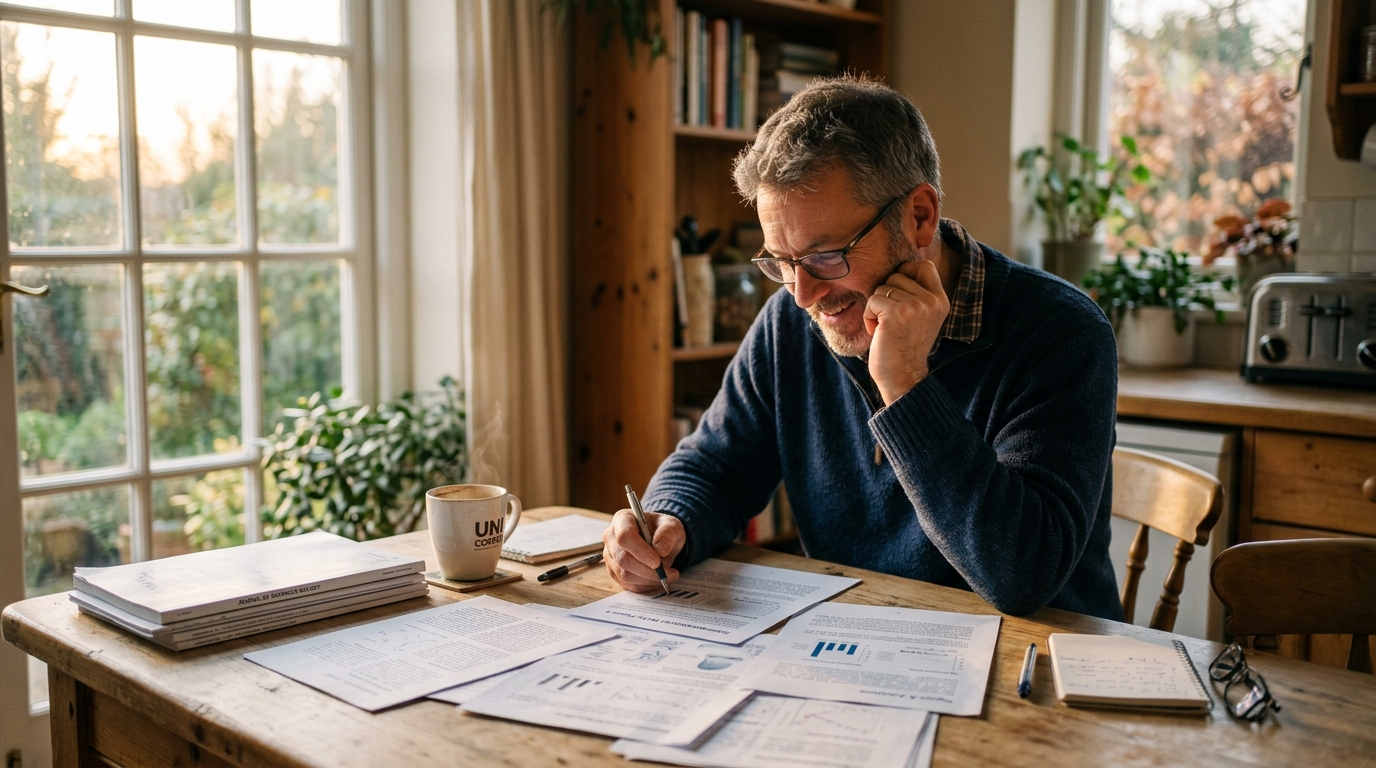 man reading research papers kitchen table morning light