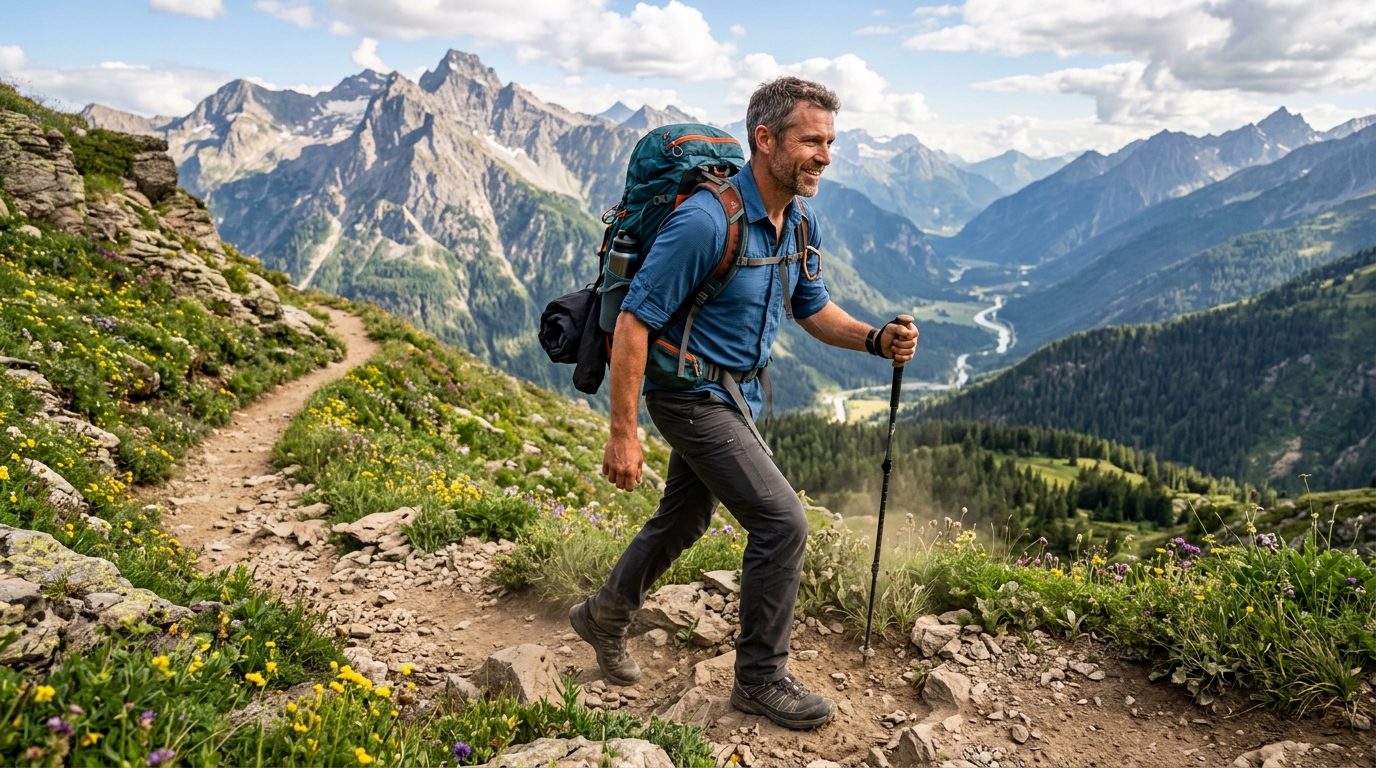 energetic man hiking trail outdoor vitality movement