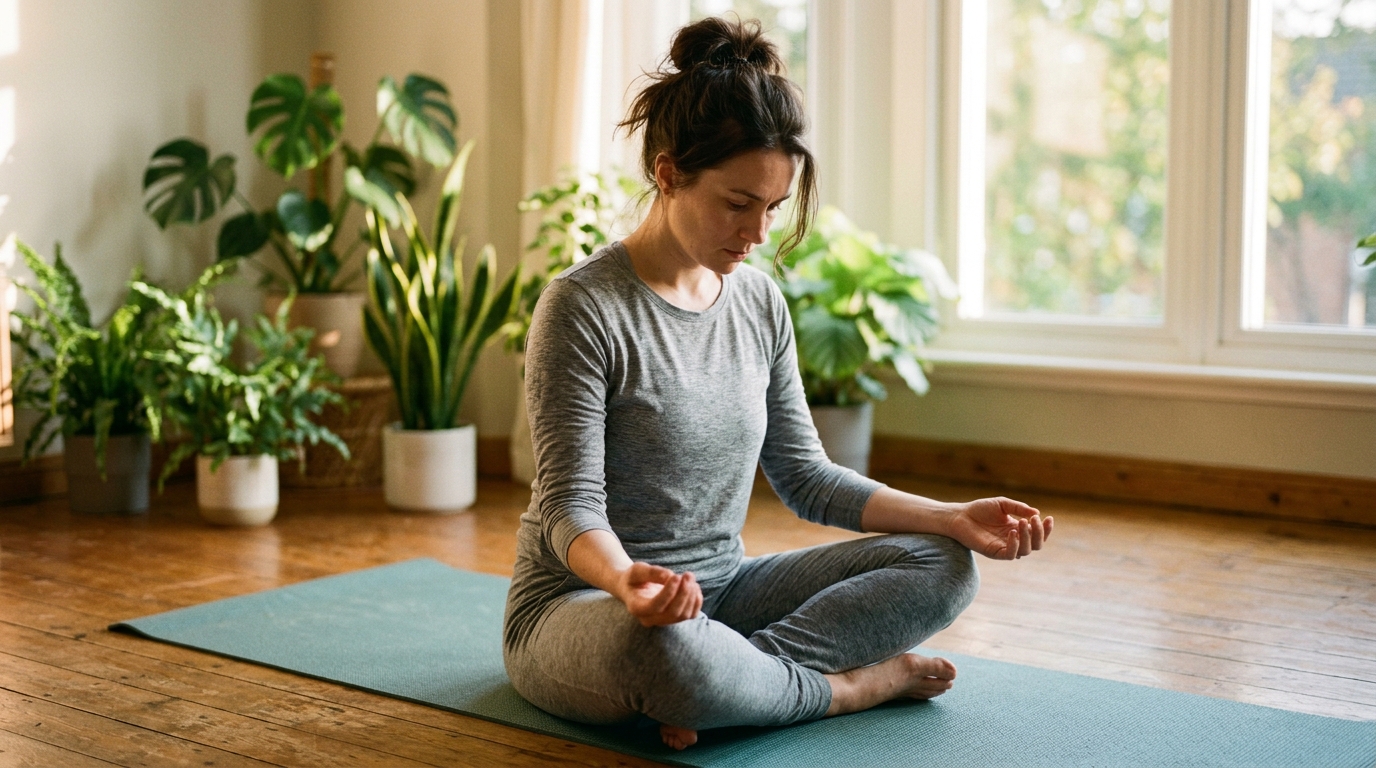 woman contemplating on yoga mat golden light
