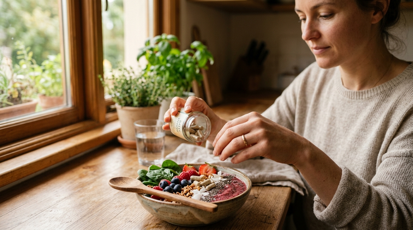 hands adding supplements to healthy smoothie bowl