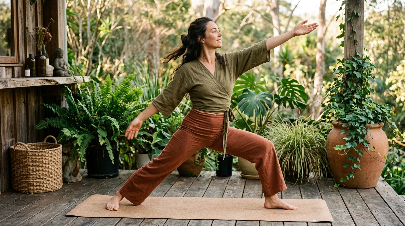 woman flowing through yoga poses natural light