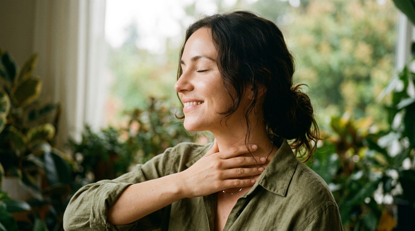 woman profile gentle smile glowing skin natural light