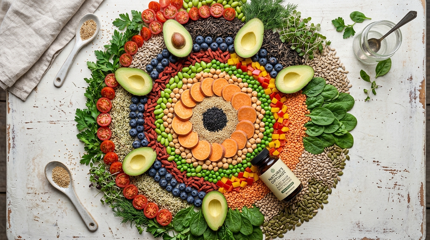 plant based foods arranged mandala pattern overhead