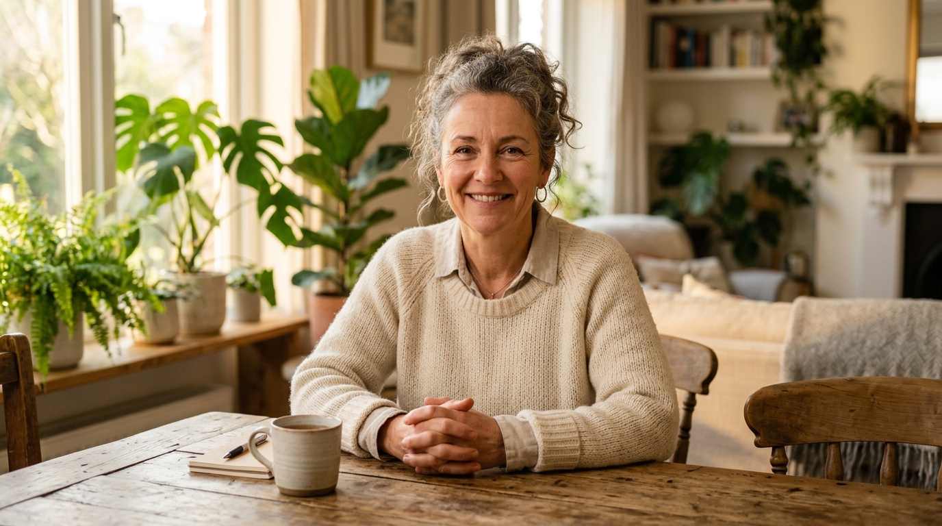 woman genuine smile direct gaze warm lighting