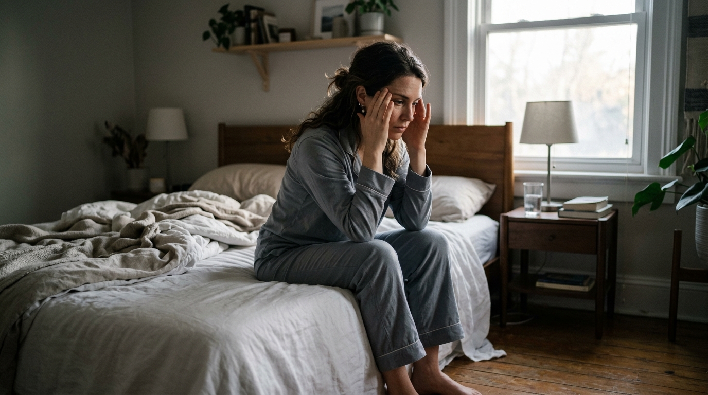 woman sitting bed edge morning cortisol stress