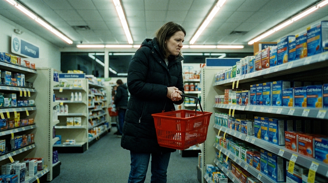Woman in pharmacy aisle looking at vitamins at night