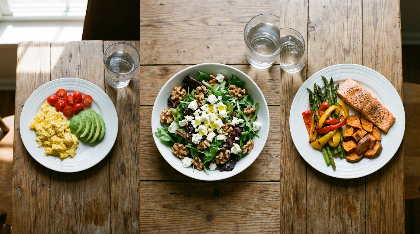 Overhead view of three meals for morning, midday, and evening with healthy fats.