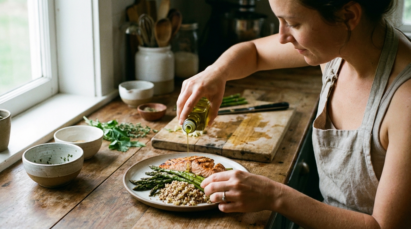 Woman calmly plating a balanced meal in natural light