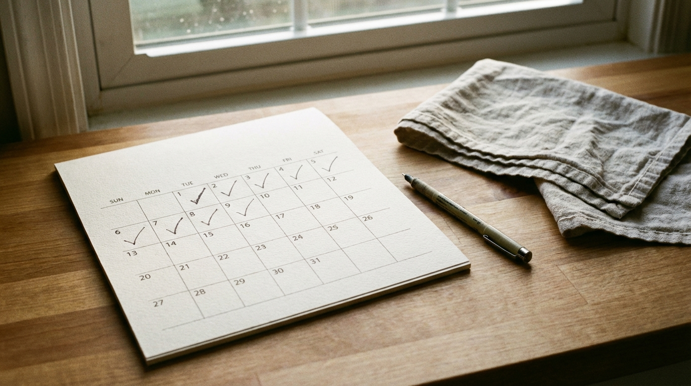Paper calendar with steady check marks in soft light