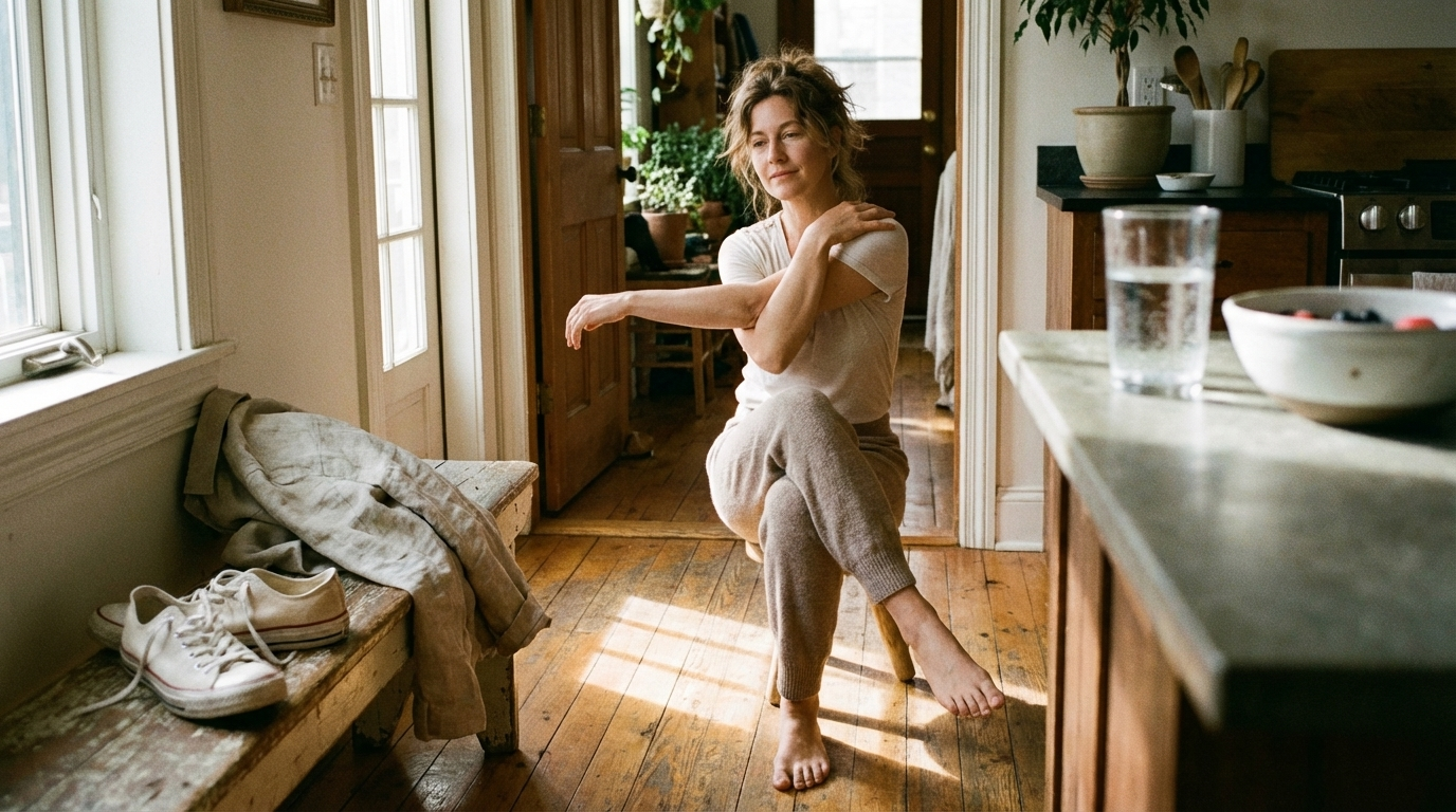 Woman stretching calmly near doorway in morning light