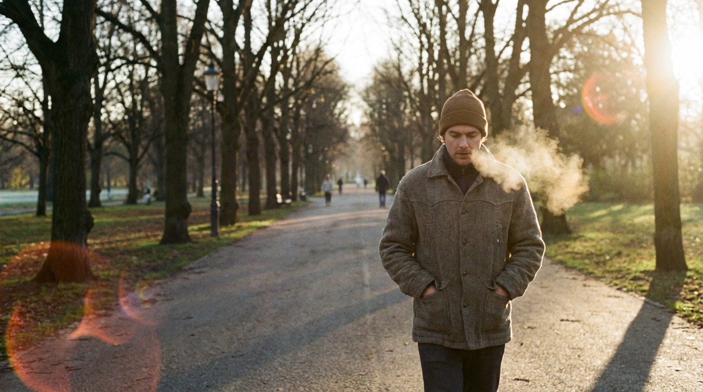 Person walking outdoors in soft morning light
