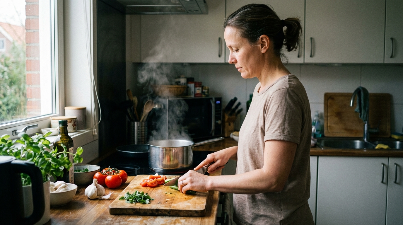 Person calmly cooking in warm natural light