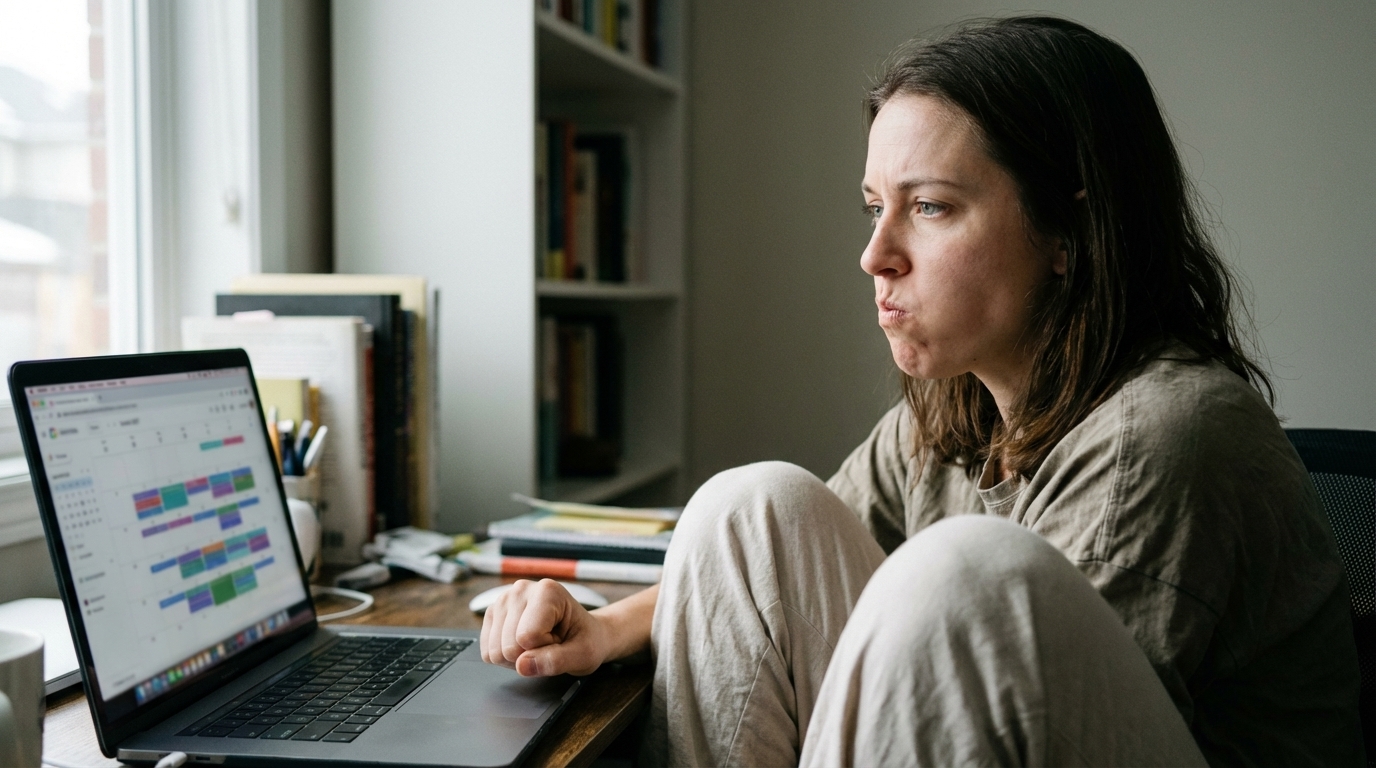 Woman eating while working with tense posture