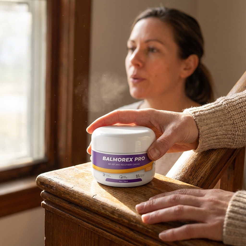 Balmorex Pro bottle in focus beside a woman stepping toward stairs