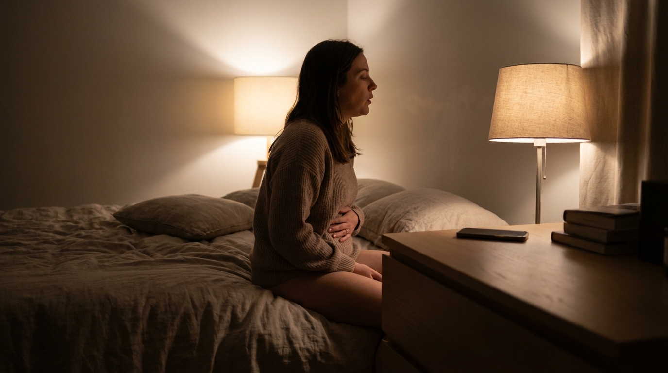 Woman sitting on bed with soft lamp light