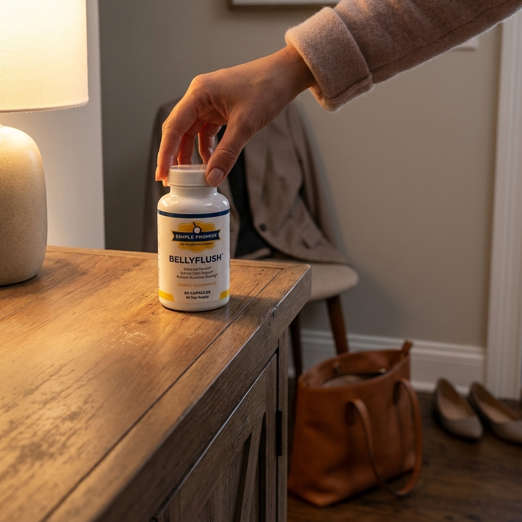 BellyFlush bottle on console table in warm evening light