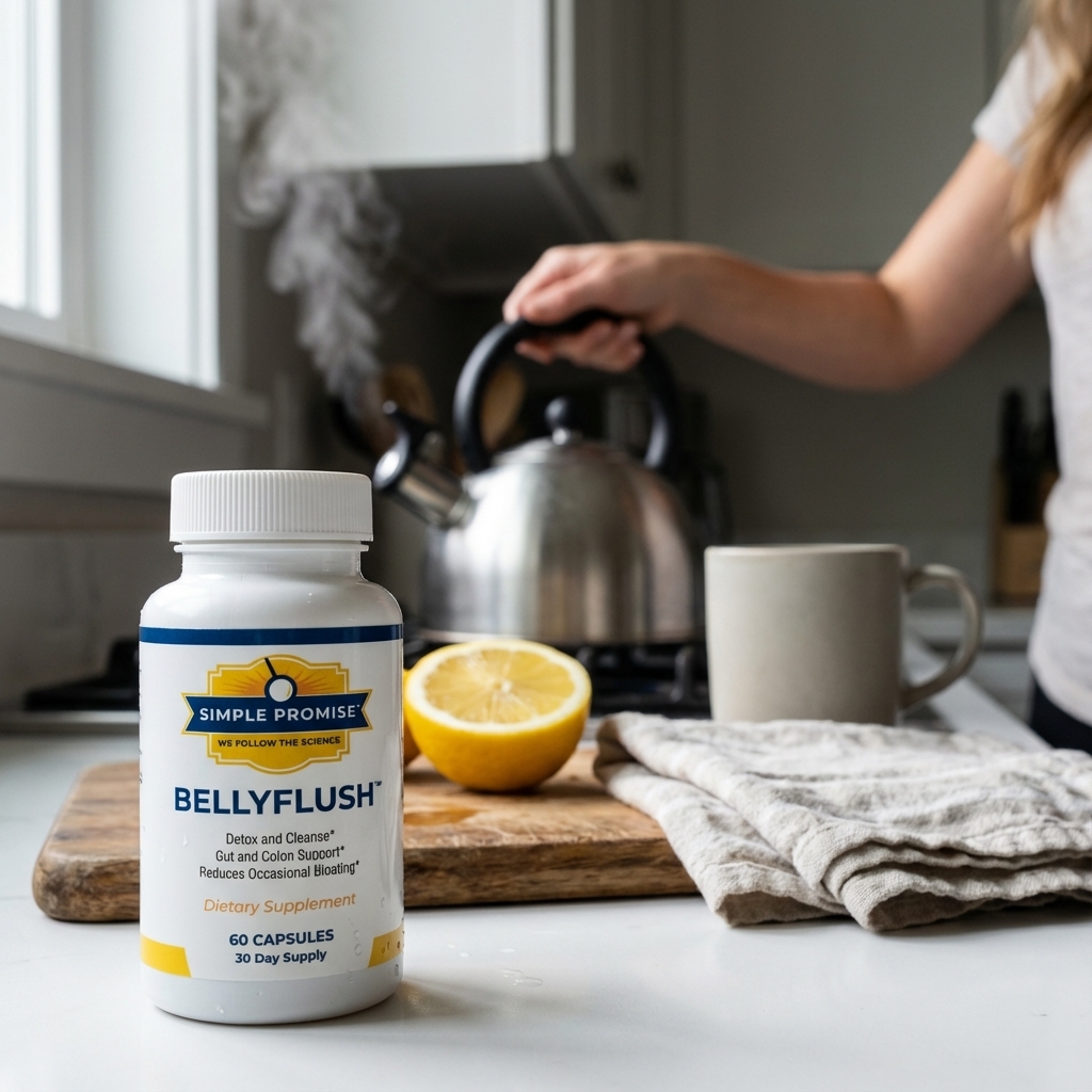 BellyFlush bottle in focus beside a warm morning kettle