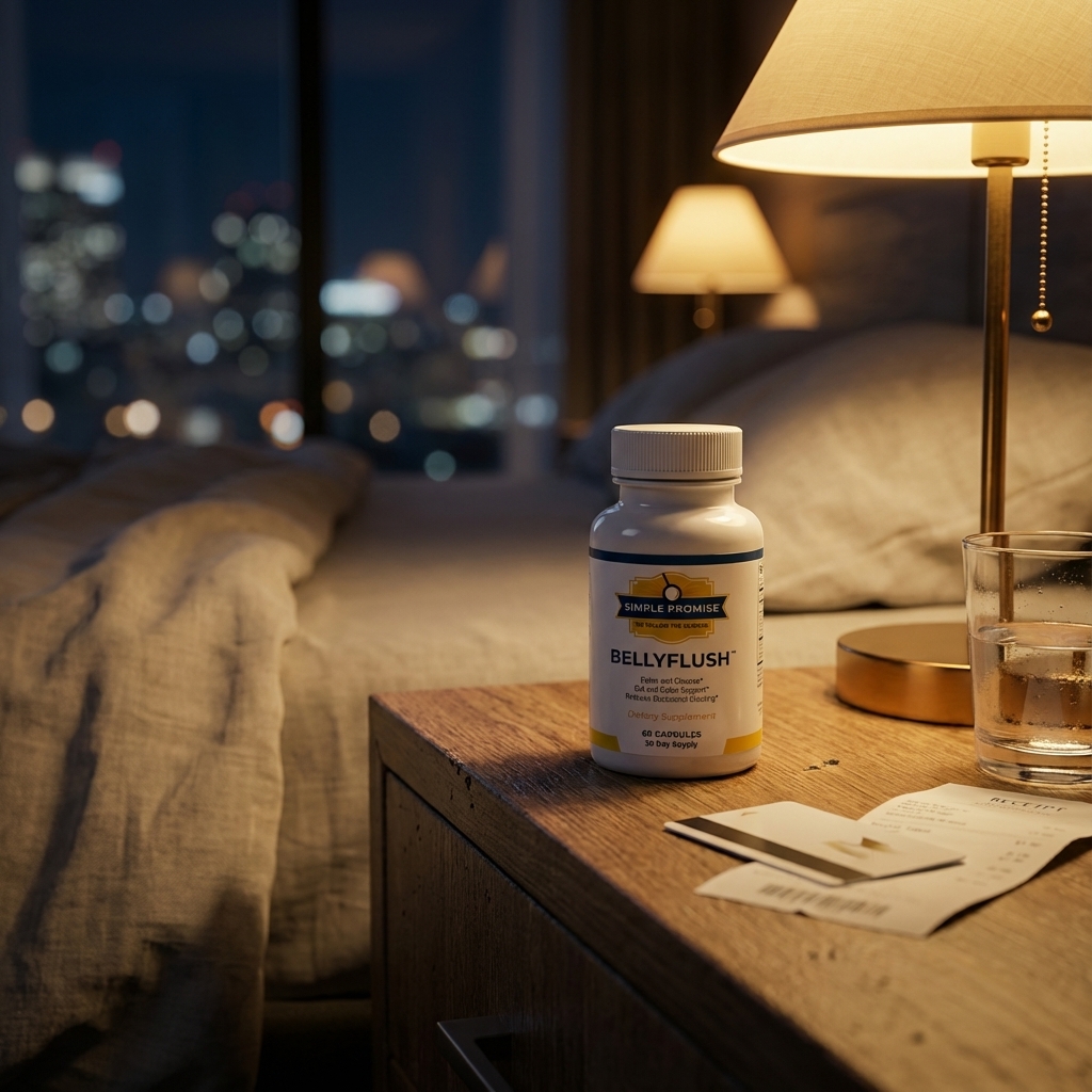 BellyFlush bottle on hotel nightstand under warm lamp light