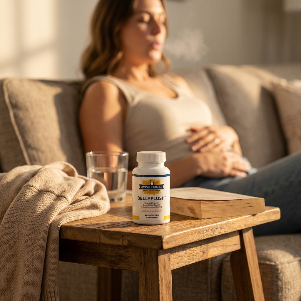 BellyFlush in focus on side table with calm evening light