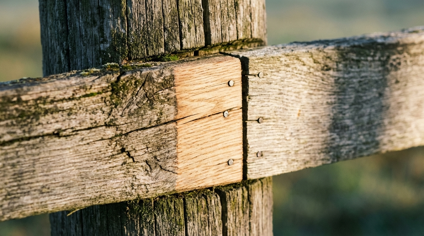 Close-up of repaired wood grain in soft morning light