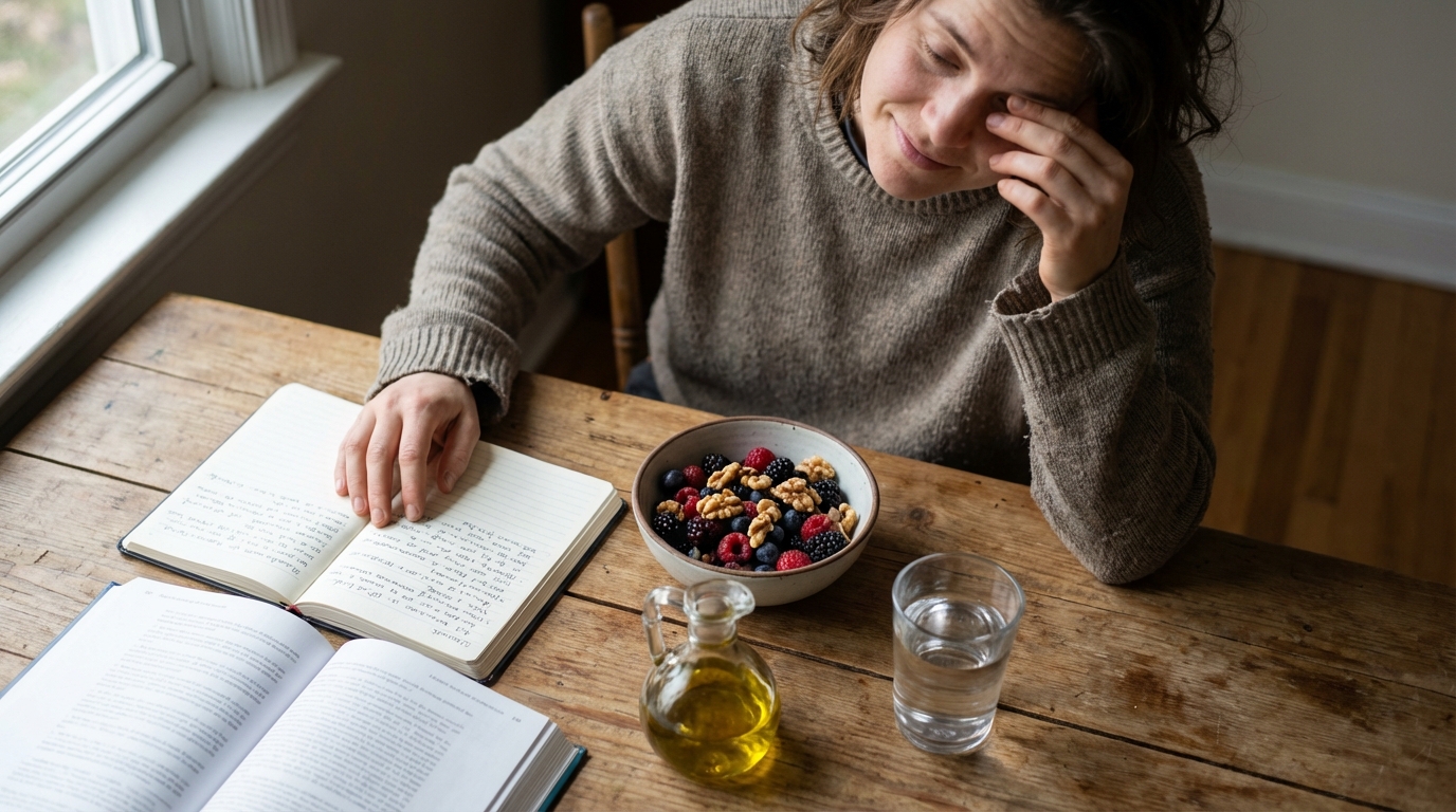 Overhead view of a tired reader near brain-friendly snacks.